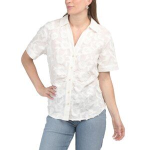 HESTER AND ORCHID Ivory Short Sleeve Button Down Floral Texture Top